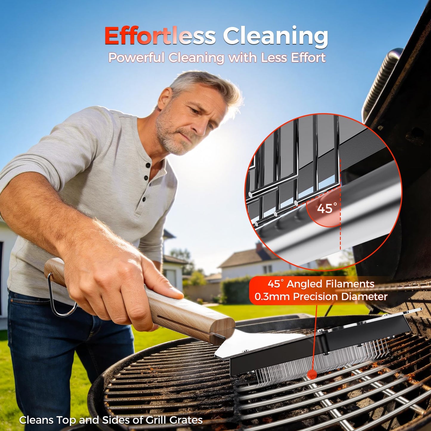 EG evgoer BBQ Grill Brush with U-Shaped Fixed Design, 45° Angled Steel Filaments for Deep Cleaning, Wooden Handle Grate Cleaner with Hanging Hook for Gas, Charcoal & Smoker (16 Inch)