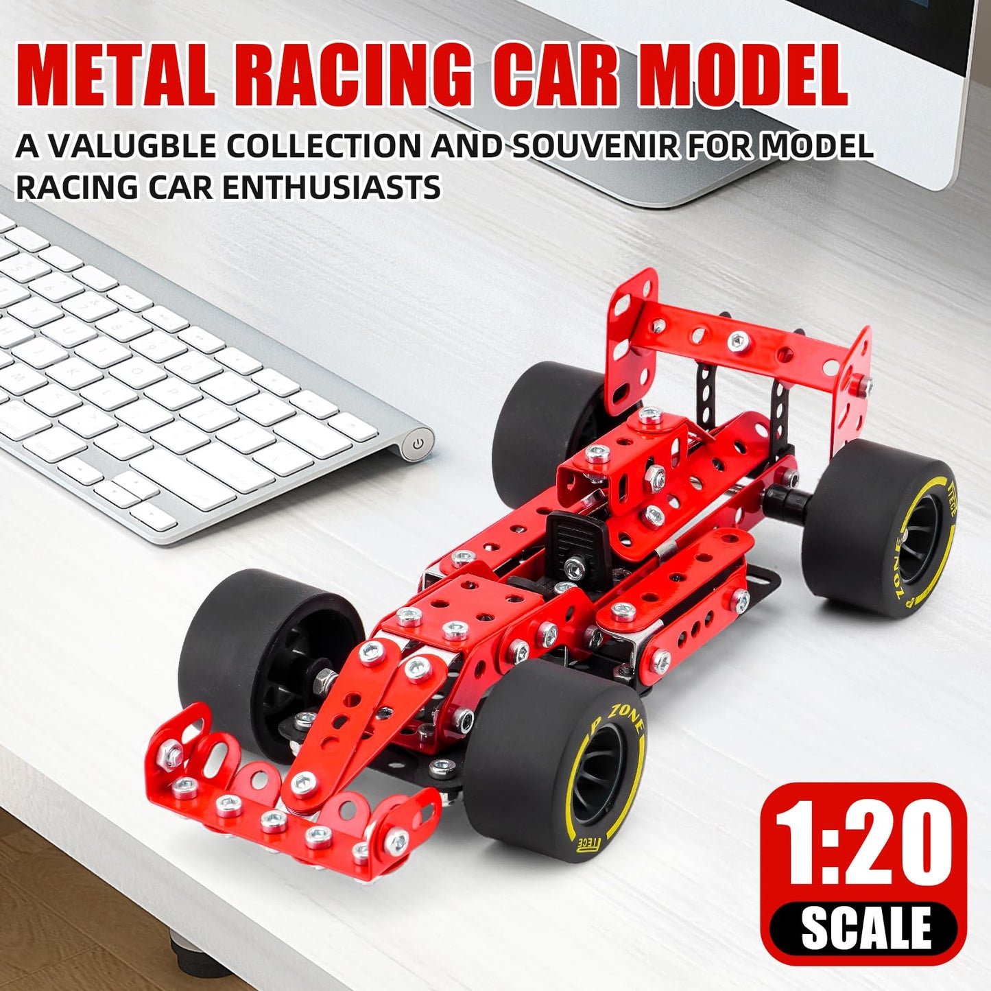 Building Car Metal Model Kits,STEM Building Toys Model Car Kits for Boys 8-12,Erector Sets 1:20 Scale Red Racing Car Metal Building Blocks for Kids Boys 8 9 10 11 12-16 Years Old