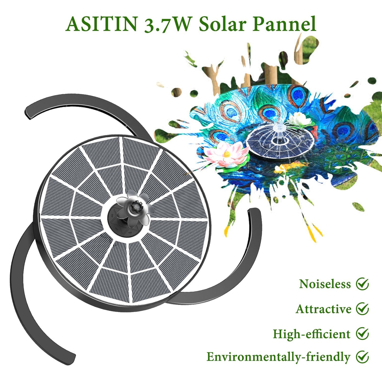AISITIN 3.7W Solar Bird Bath Fountain Pump, 7.1" Solar Powered Water Fountain Pump for Garden, Ponds, Pool, Fish Tank, Aquarium and Outdoor