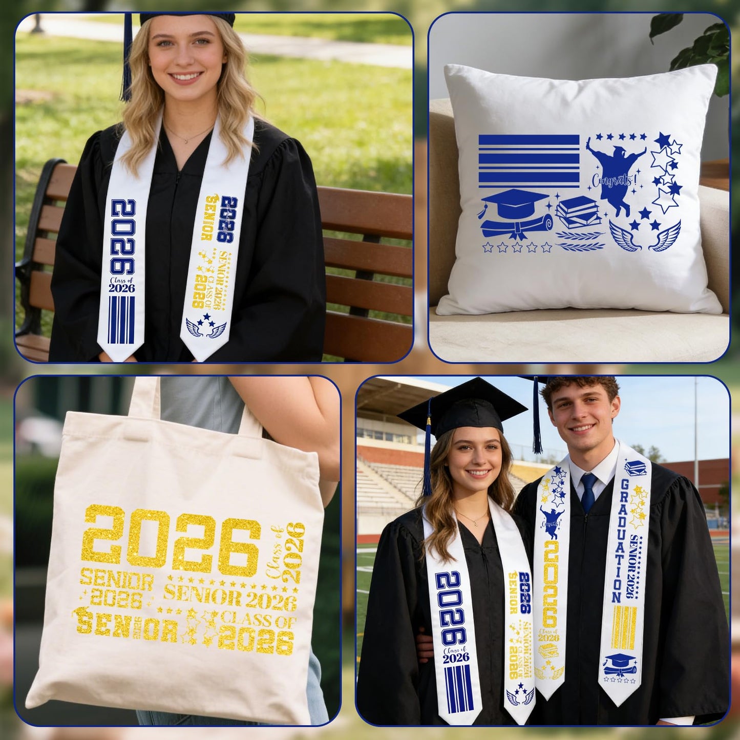 cosmisun Graduation Stole Class of 2026-9 Pcs Graduation Decoration 2026 with Iron on A to Z Letter 0 to 9 Number Patches, Unsex Grad Sash Decor Supplies for High School College (Blue Gold)