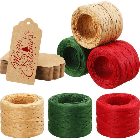 3 Rolls 492 Feet Raffia Paper Ribbon for Gift Wrapping Raffia Twine with 50 Pieces Kraft Paper Tags for Halloween Christmas Craft DIY Wrapping(Red, Green, Natural)