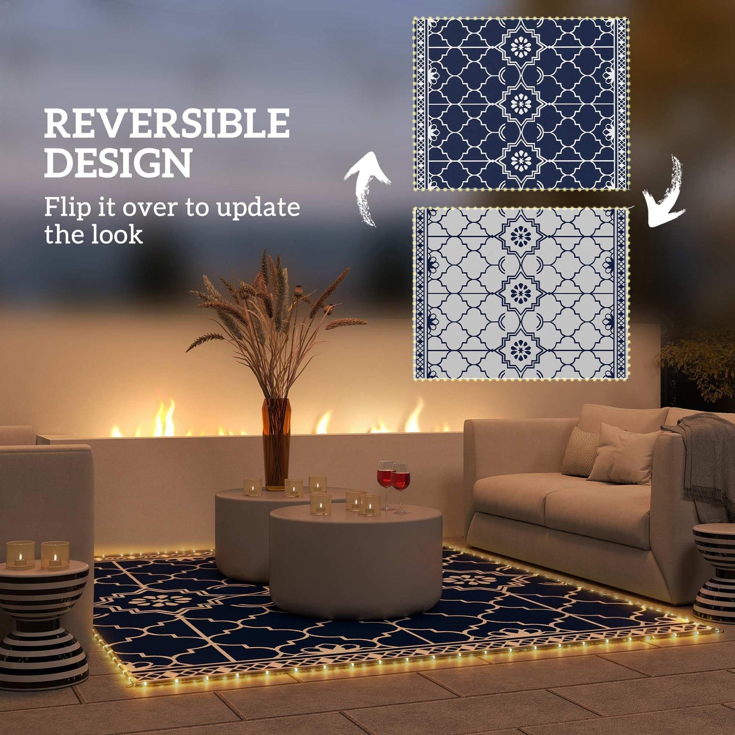 Outsunny Reversible Outdoor Rug Carpet with LED Lights, 10' x 8' PP Straw Rug, Portable RV Camping Mat with Carry Bag and Ground Stakes for Backyard, Deck, Picnic, Beach, Dark Blue and White