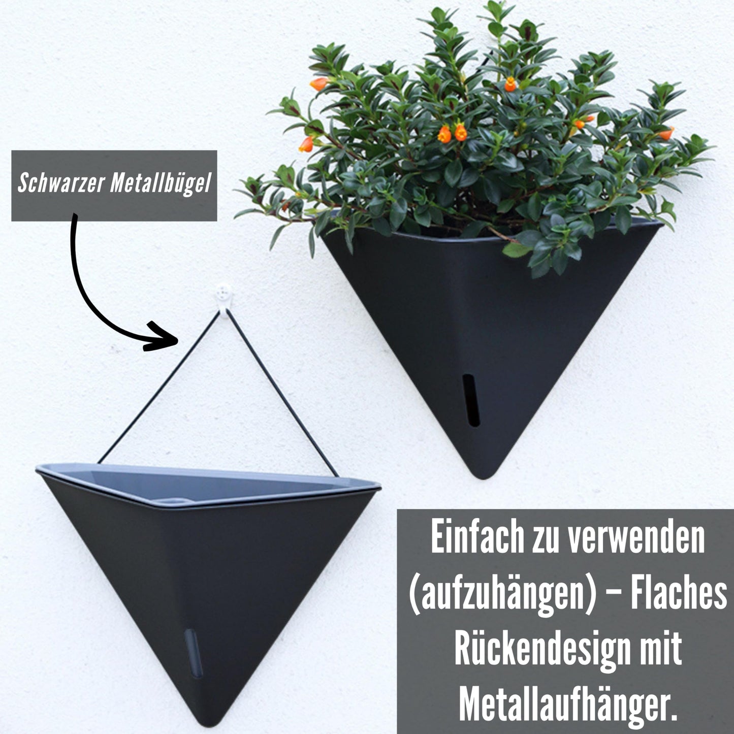 LaLaGreen Wall Planters for Indoor Plants - 2 Pack, 12 Inch Large Self Watering Black Geometric Hanging Flower Vase Vessel with Metal Hanger, Modern Stylish Wall Mounted Succulent Pot Holder Decor