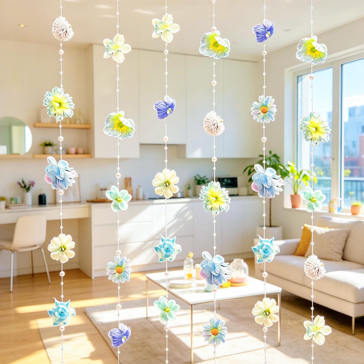 4.27 ft Blue Flower Garlands Hanging Artificial Wildflower Floating Floral Backdrop Flower Garland for Garden Wall Decor Birthday Party Supplies