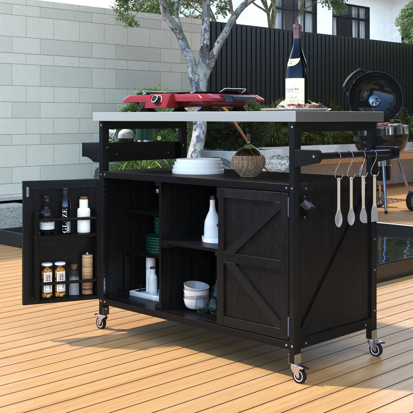 Outdoor Grill Cart with Storage, Farmhouse Outdoor Storage Cabinet with Stainless Steel Top, Wood Bar Patio Kitchen Island with Spice Rack, Towel Holder, Hooks & Locking Wheels for Patio BBQ(Black)