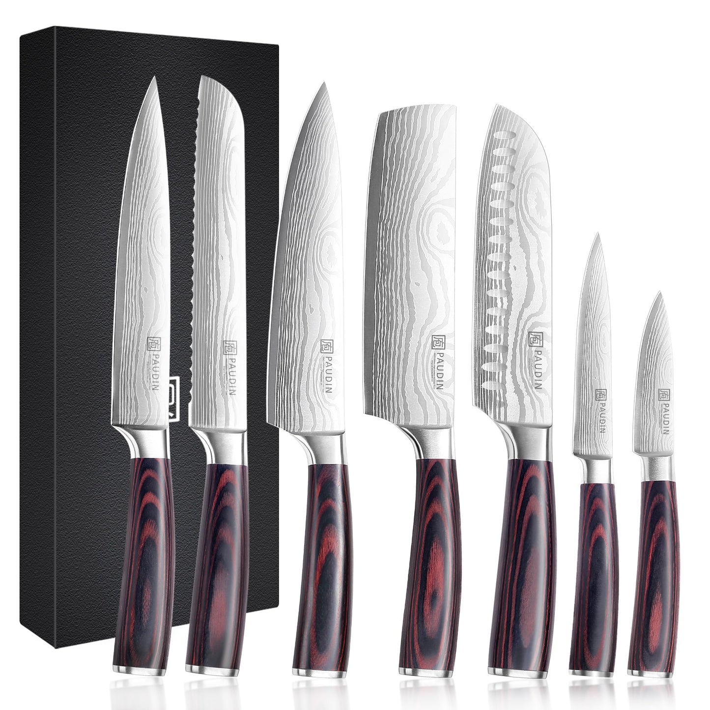 PAUDIN Chef Knife Set, 7 Pieces Kitchen Knife Set, High Carbon Stainless Steel, Ultra Sharp Knife Set, Professional Knives Set for Kitchen with Pakkawood Handle