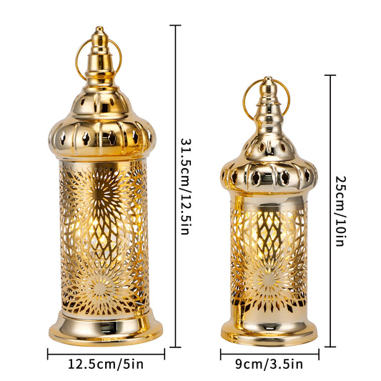 TRIROCKS Ramadan Lanterns Set of 2 10" &12.5" Gold Electric Candle Holders with Timer, Metal Decorative Vintage Lanterns for Indoor/Outdoor Decor, Perfect EID Mubarak Gift