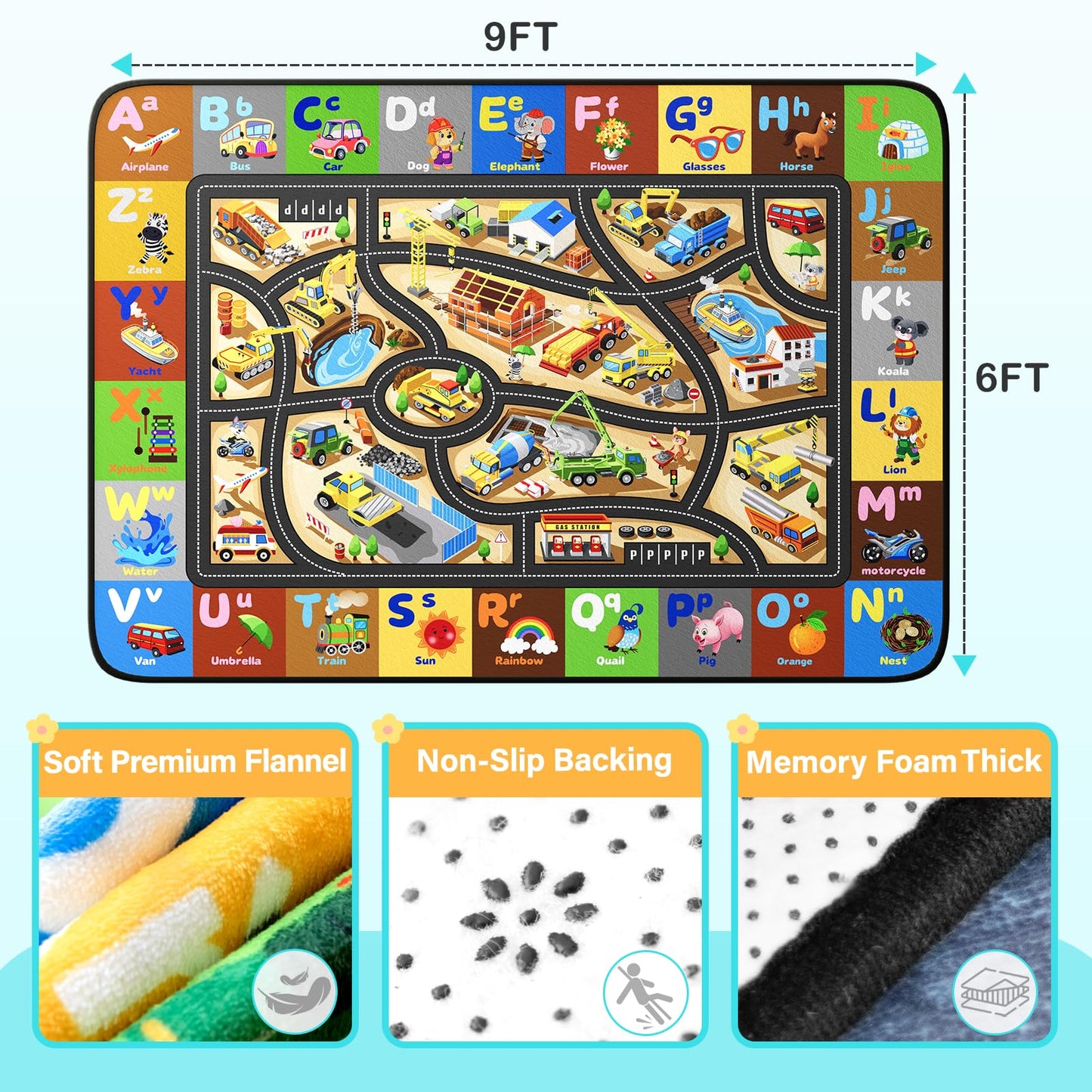 Diysani Construction Site Play Rug 6x9FT Car Rug for Kids Toy Cars Non-Slip Car Carpet Baby Play Mat for Floor Washable ABC Alphabet Playroom Nursery Preschool Daycare Classroom Carpet
