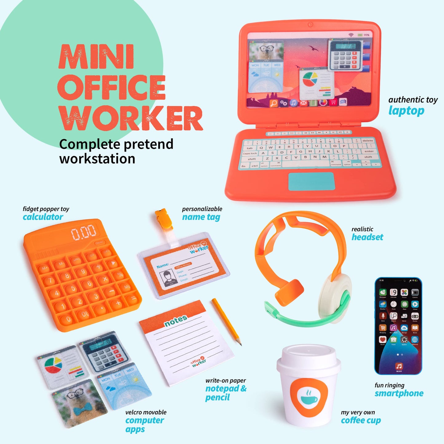 Born Toys Office Toddler Pretend Play Sets for Kids Ages 3+, Imaginative Pretend Play Set for Boys & Girls, 9-Piece Work Pretend Play Toys with Toy Laptop, Pretend Headset, Toy Phone, Gift Ready Bag
