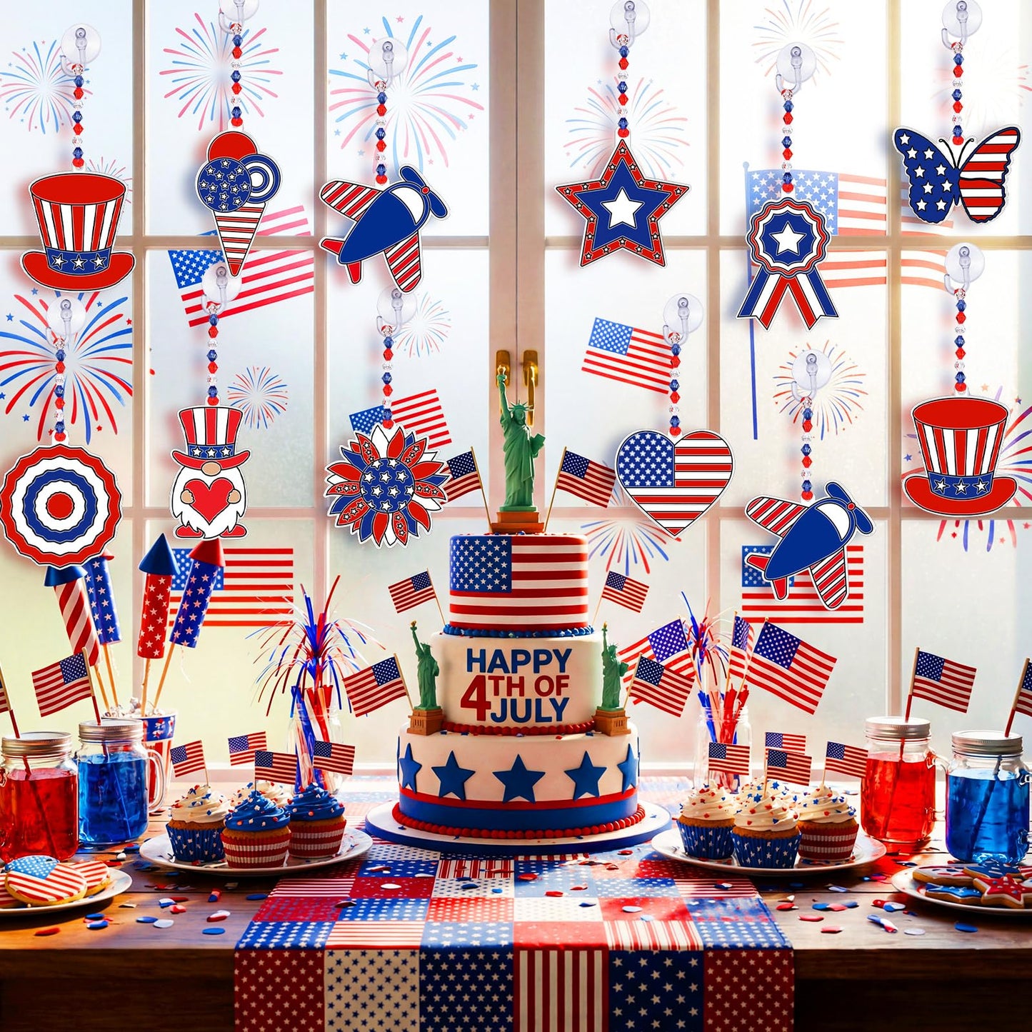 WinnerWhy 30 Sets 4th of July Crafts Bulk, Patriotic 250th Anniversary Stained Glass Sun Catcher Art Kits for Memorial Day Home Party Project Activities Hanging Ornaments