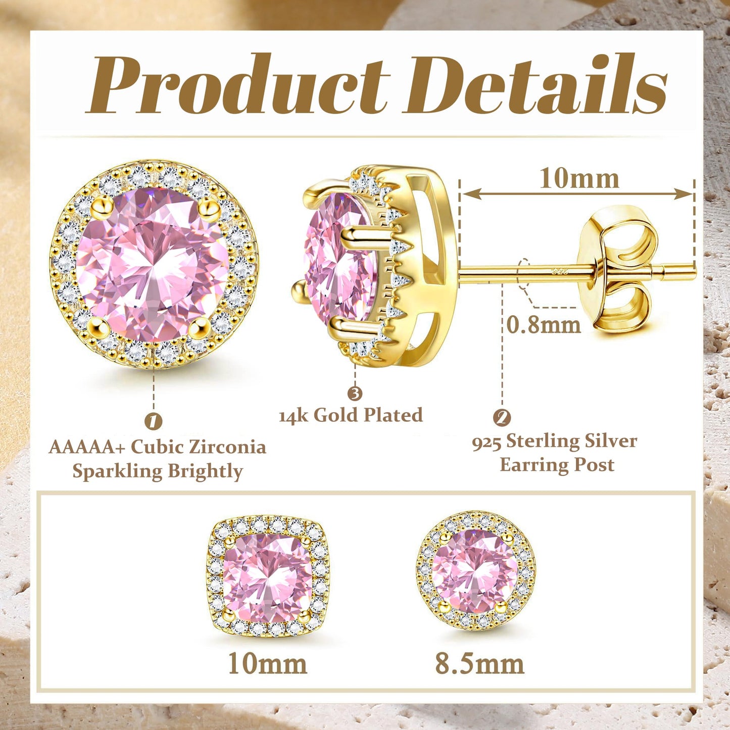 Hayoso Cubic Zirconia Stud Earrings for Women Men Sterling Silver Earring Post Hypoallergenic 14k Gold Plated Round&Square Earrings Gold&Pink