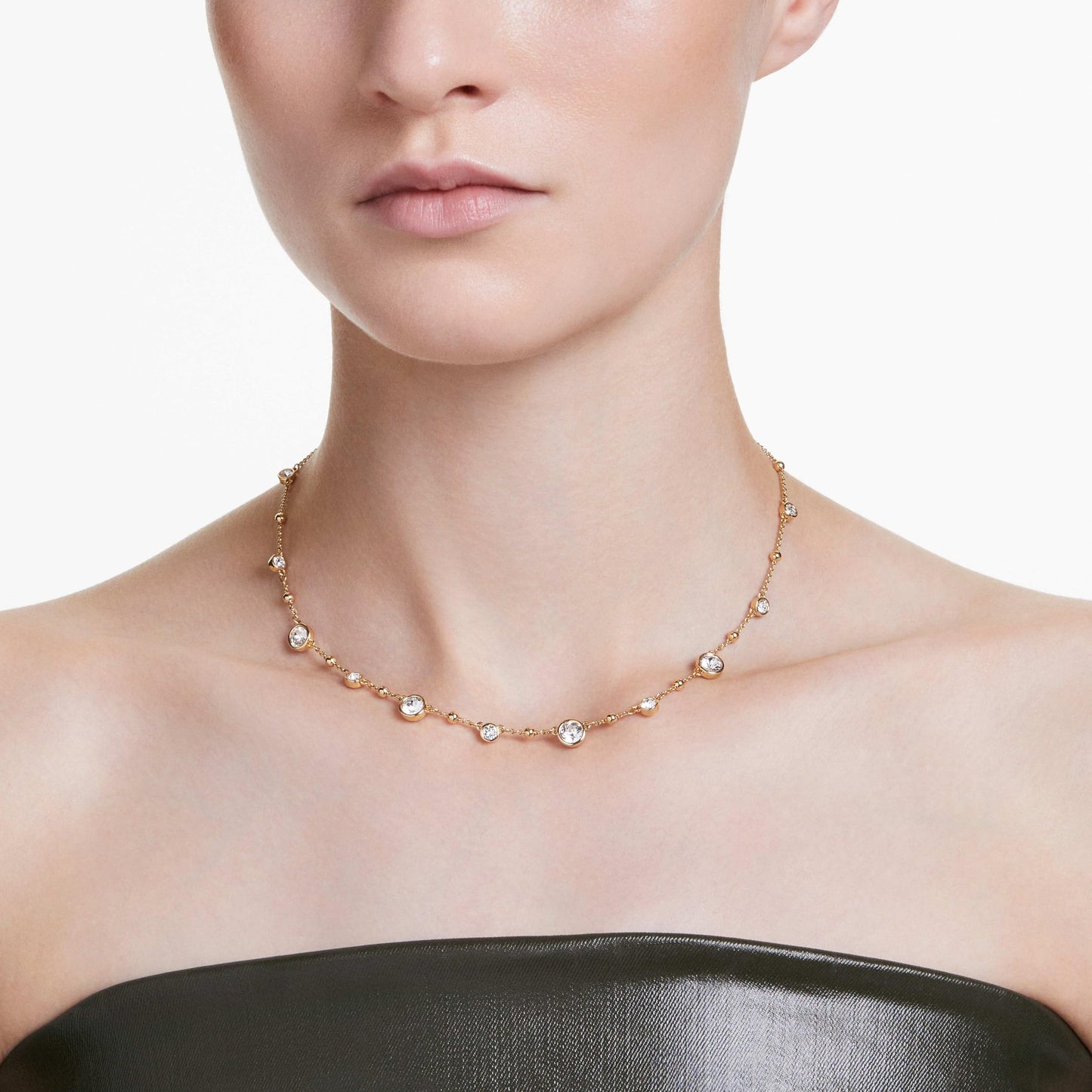 Swarovski Imber Necklace, Scattered Design with Clear Round-Cut Crystals and Shiny Metal Droplets in a Gold-Tone Finished Setting, Part of the Imber Collection