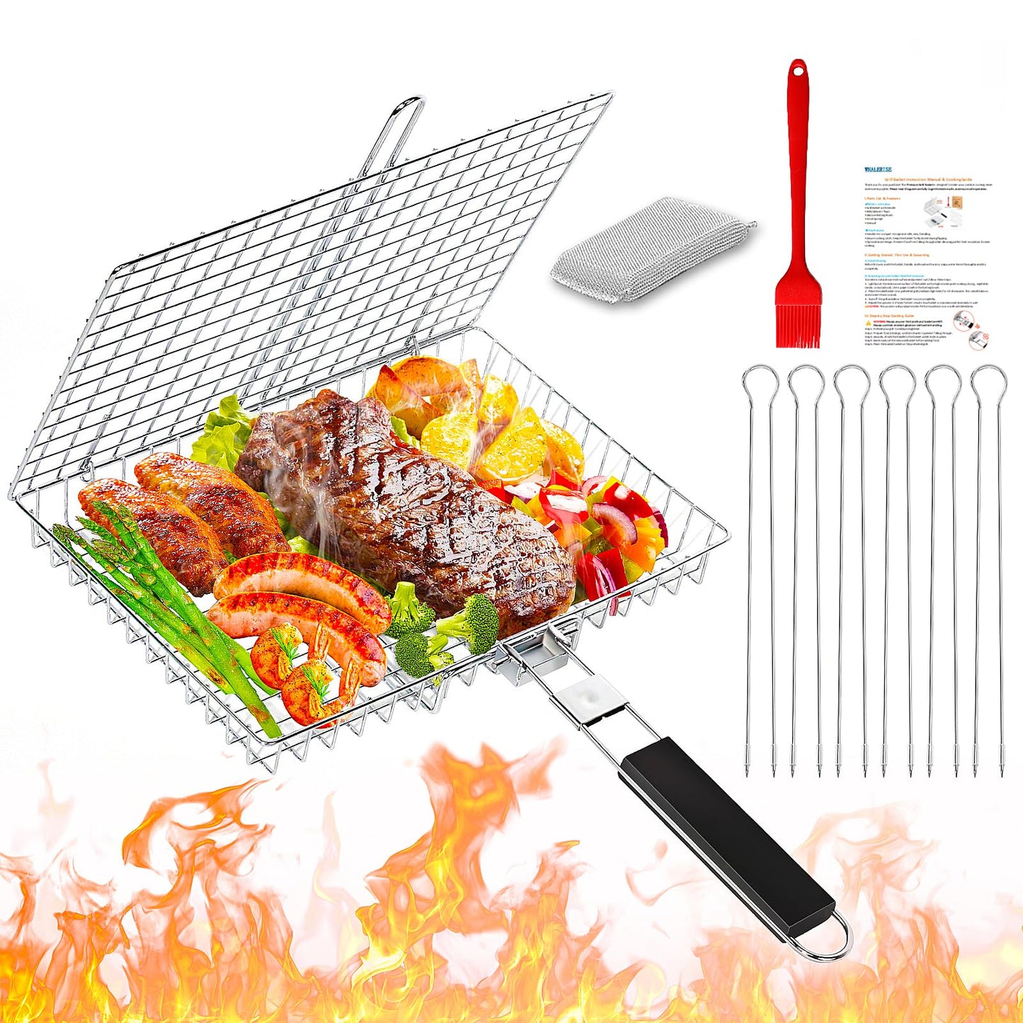 Grill Basket for Outdoor Grill, Stainless Steel Grilling Basket with Foldable Handle, Portable BBQ Cooking Rack for Fish, Vegetables, Shrimp, Chicken - Includes BBQ Skewers 6pcs,Basting Brush,Scrub Sponge-Upgrade
