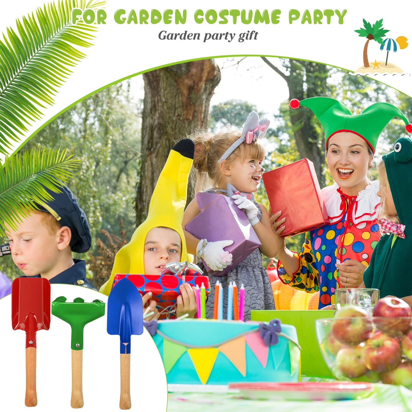 Tarpop 18 Pcs Kids Gardening Tools Set, Metal Kids Yard Tools with Sturdy Wooden Handle Safe Children Beach Sandbox Toy Sand Play Kit for Flower Soil Planting Loosening Digging, Trowel, Rake, Shovel
