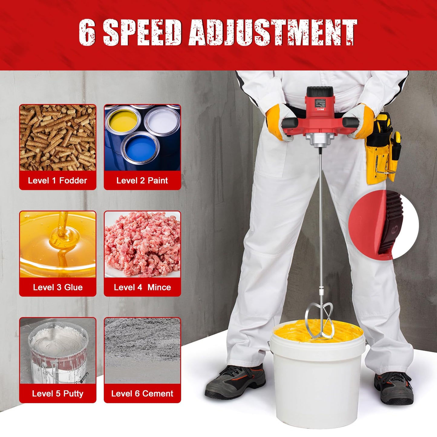 IMAYCC Cement Mixer, 2100W Electric Concrete Mixer with 6 Speed, 110V Handheld Mud Mixer for Motar,Paint, Grout, Plaster, Thinset,Fodder Stirring Tool