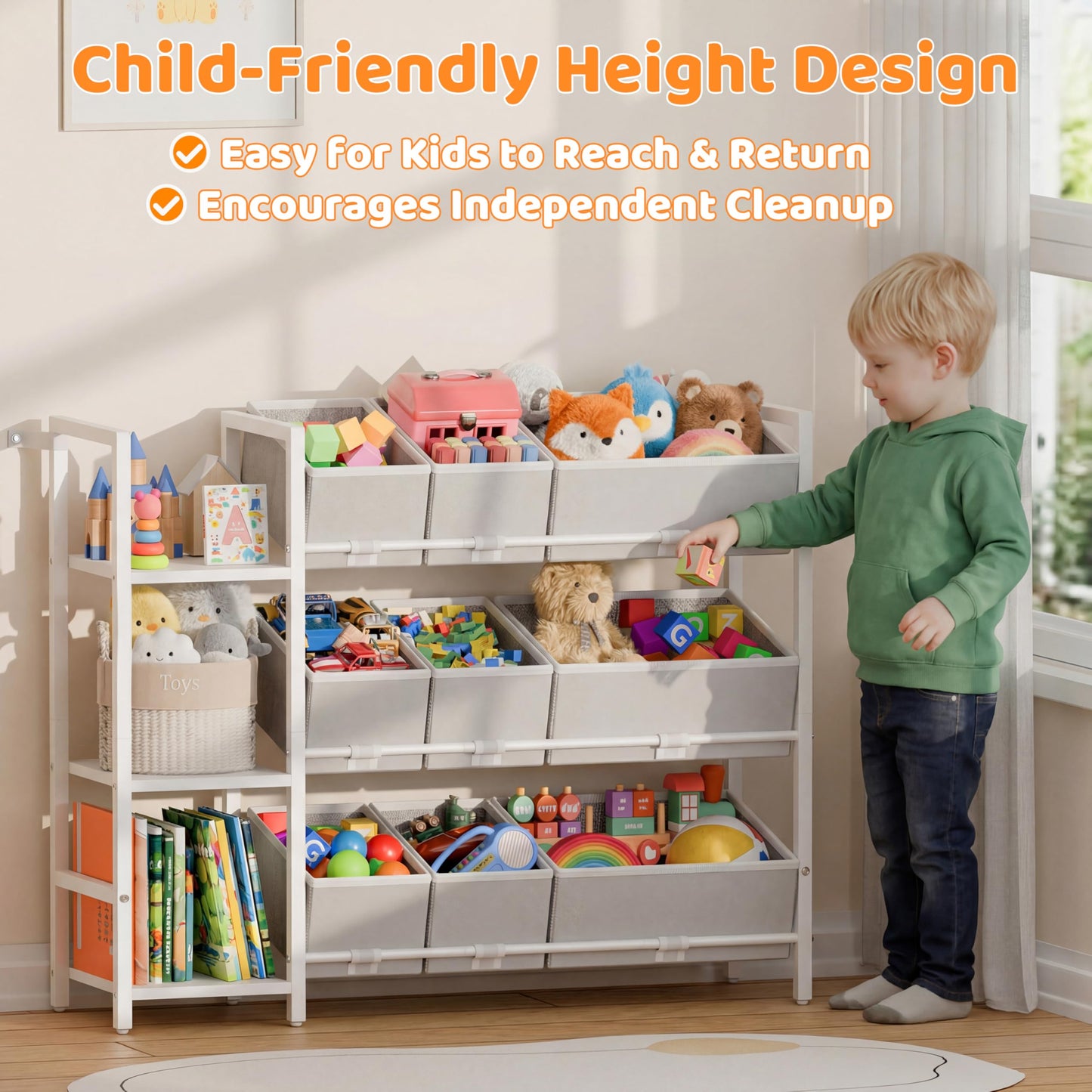 CODACE Kids Toy Organizers and Storage - Toy Shelf for Playroom， Kids Room and Living Room Organization, Toddler Toy Bins for Kids Organizer，Kids Bookshelf and Toy Storage, White, Easy to Assemble