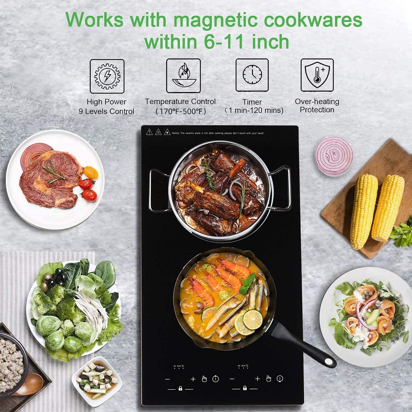 GTKZW 12“ Induction Cooktop, Double Induction Cooktop 2 Burner 110v-120v Electric Stove Top, Countertop and Built-in, 9 Power Levels, Child Lock, 120 Mins Timer