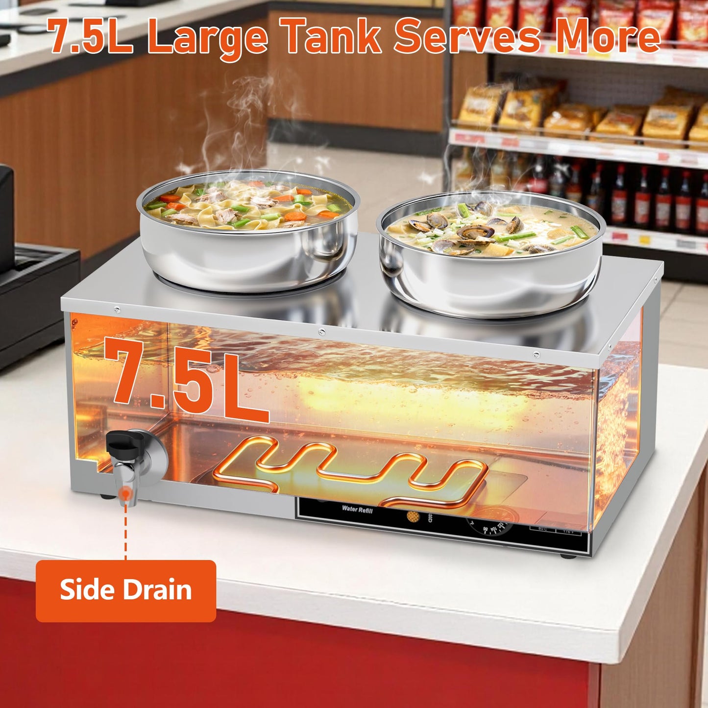 ZMRTDWO Soup Warmer, 2X7.4QT Stainless Steel Round Pot Food Warmer, 86°F~185°F Adjustable, 1200W Commercial Bain Marie with Drain Faucet, Buffet Warmer Steam Table for Restaurant Catering Parties
