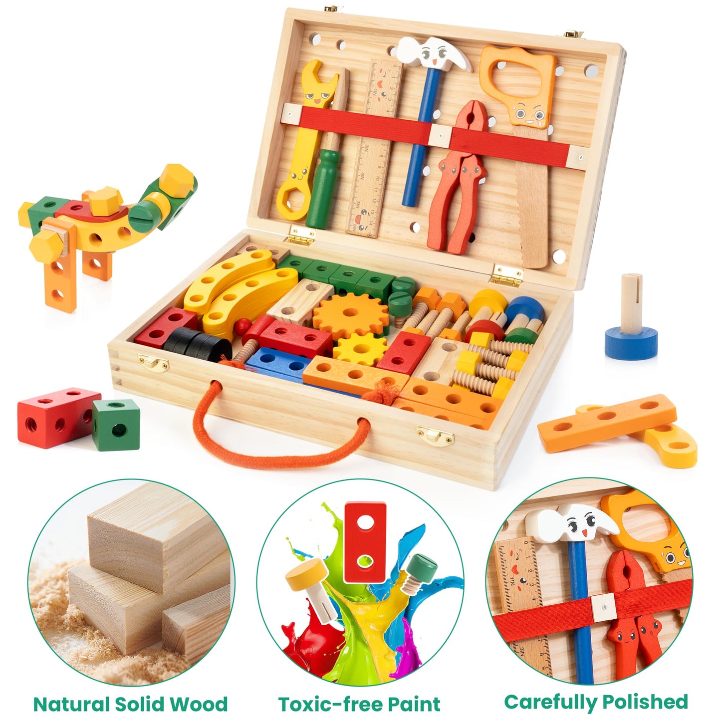 WOOOMAM Kids Tool Set, 90 PCS Wooden Toddler Tool Set with Box and Flash Cards, Tool Kit for Kids Age 3-5 Years, Toddler Boy Toys, FSC Certified Material