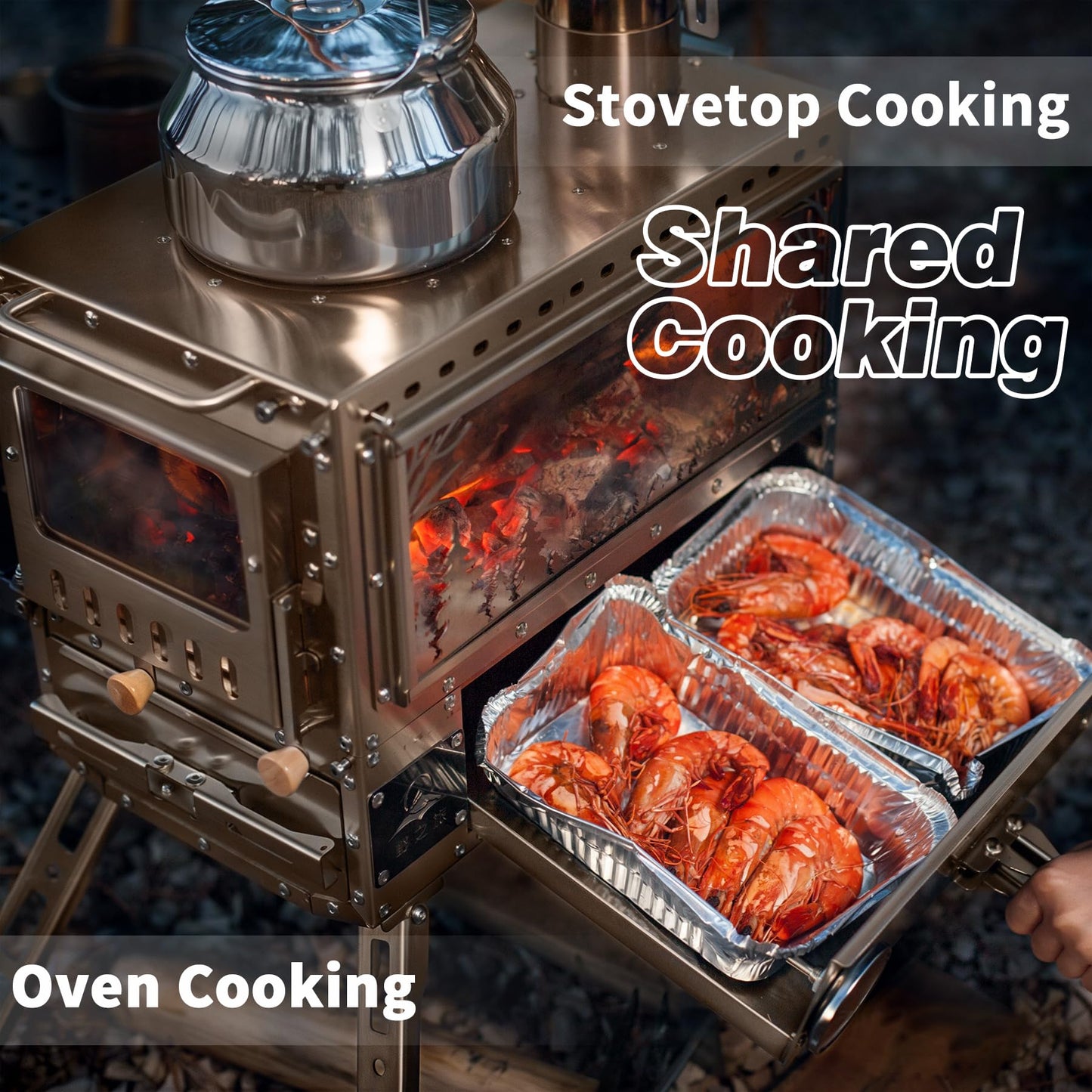 M6 Wood Burning Stove with Oven, 2100 Cu In Large Firebox & 3 Air Inlets, Stainless Steel Camp Stove with Foldable IGT Table, Ash Drawer & 6 Chimney Pipes for Outdoor Cooking, Camping