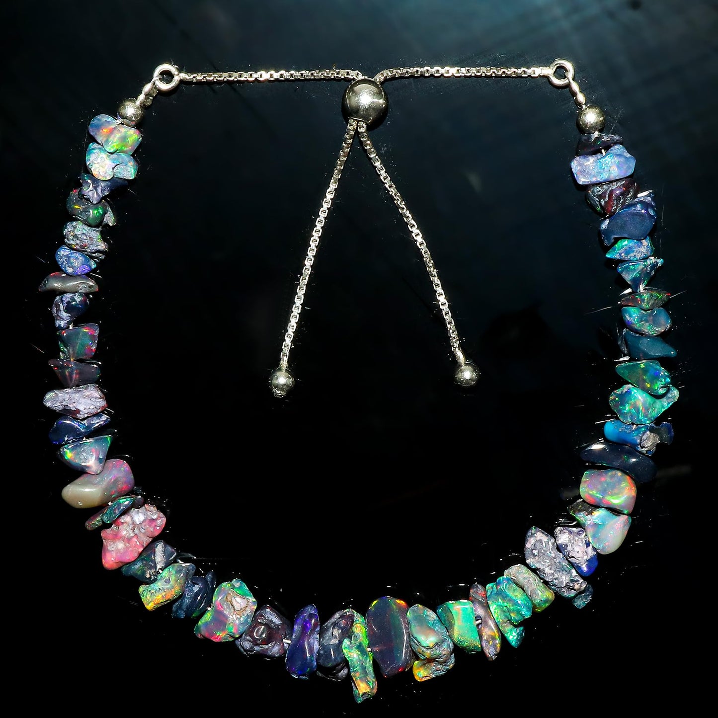 CRYSTALIS Black Opal Bracelet, Natural Raw Stones, Fire Play Rough Gemstones, Chakra Healing Crystals, Gift Giving Jewelry, Rhodium 925 Sterling Silver Women Slider Bolo Bracelet 10 inch (6+4")
