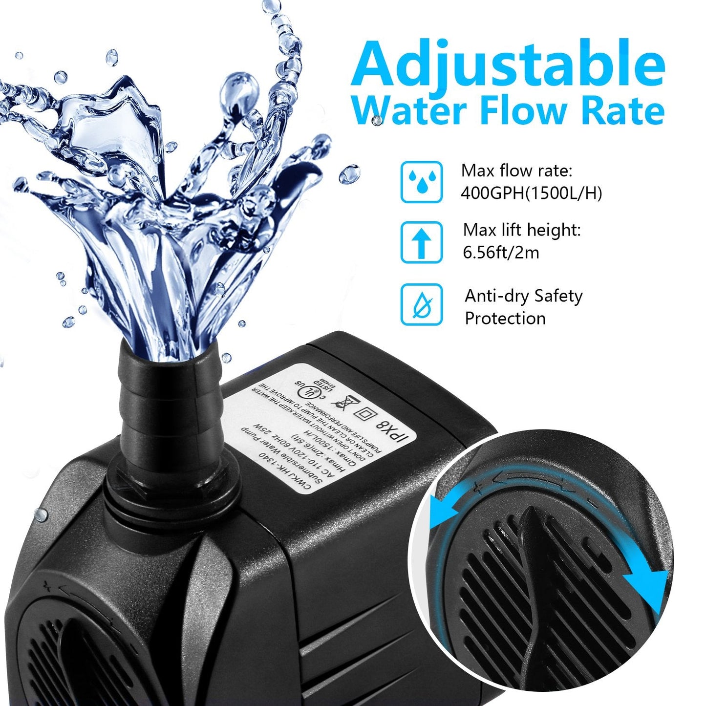 CWKJ Fountain Pump, 400GPH Submersible , Durable 25W Outdoor Water Pump with 6.5ft Power Cord, 3 Nozzles for Aquarium, Pond, Fish Tank, Water Pump Hydroponics, Backyard Fountain