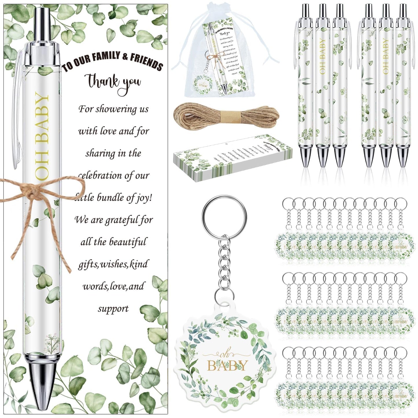 EYNDYN 145 Pieces Baby Shower Favors for Guest Eucalyptus Leaf Ballpoint Pens and Keychains Gifts for Boys Girs Bulk Retractable Baby Shower Pens Gender Reveal Greeting Cards Souvenirs Prizes