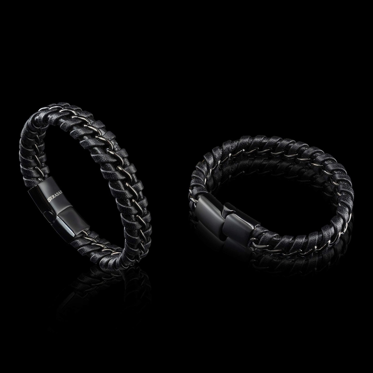 SERASAR Leather Bracelet Black 17cm Men Gift Box Genuine Cowhide Braided Adjust Able Magnetic Clasp Jewellery Rope Man Mans Male Mens Bracelets Band Jewelry Magnet Accessories