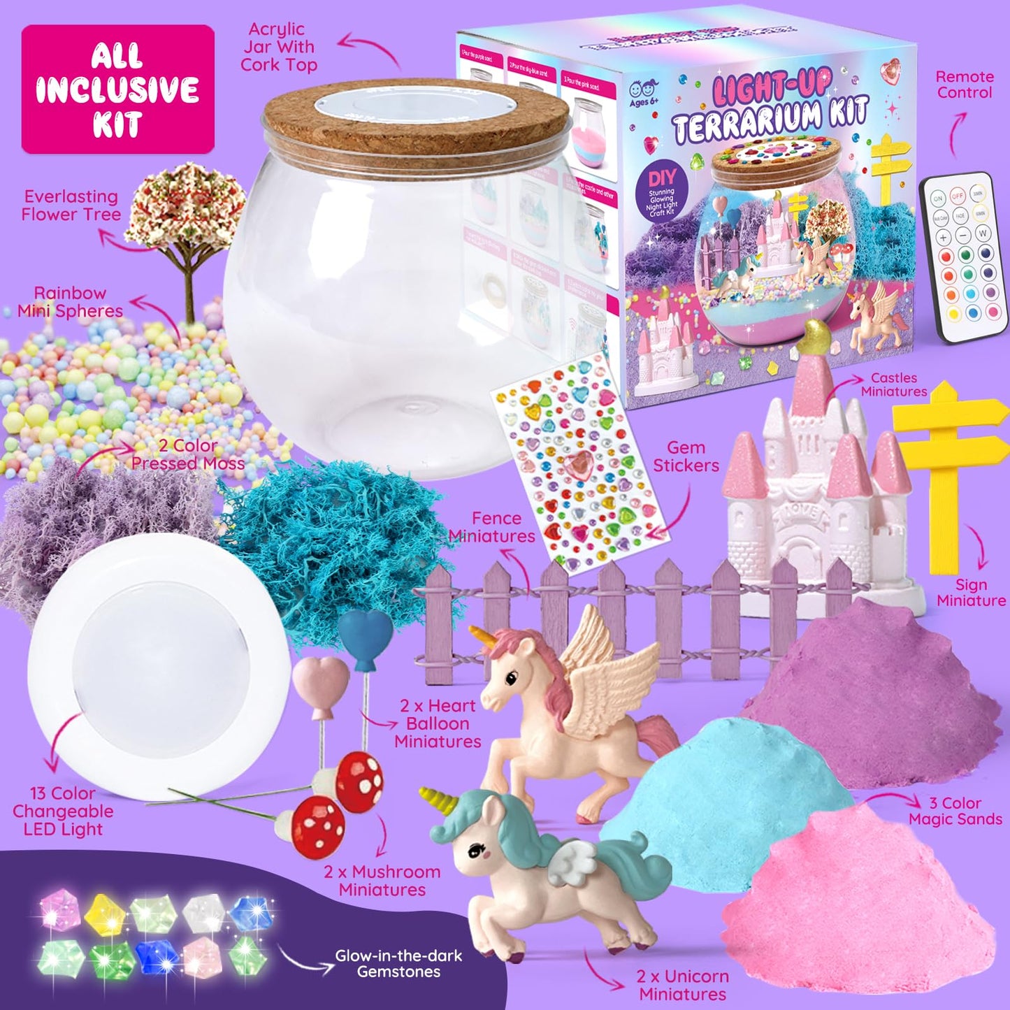 Unicorn Terrarium Crafts Kit for Kids: LED Night Light-Up DIY Toys with Remote – Fun Birthday Gifts for Girls Ages 5 6 7 8 9 10 Years Old – Creative Arts & Crafts Activity Set