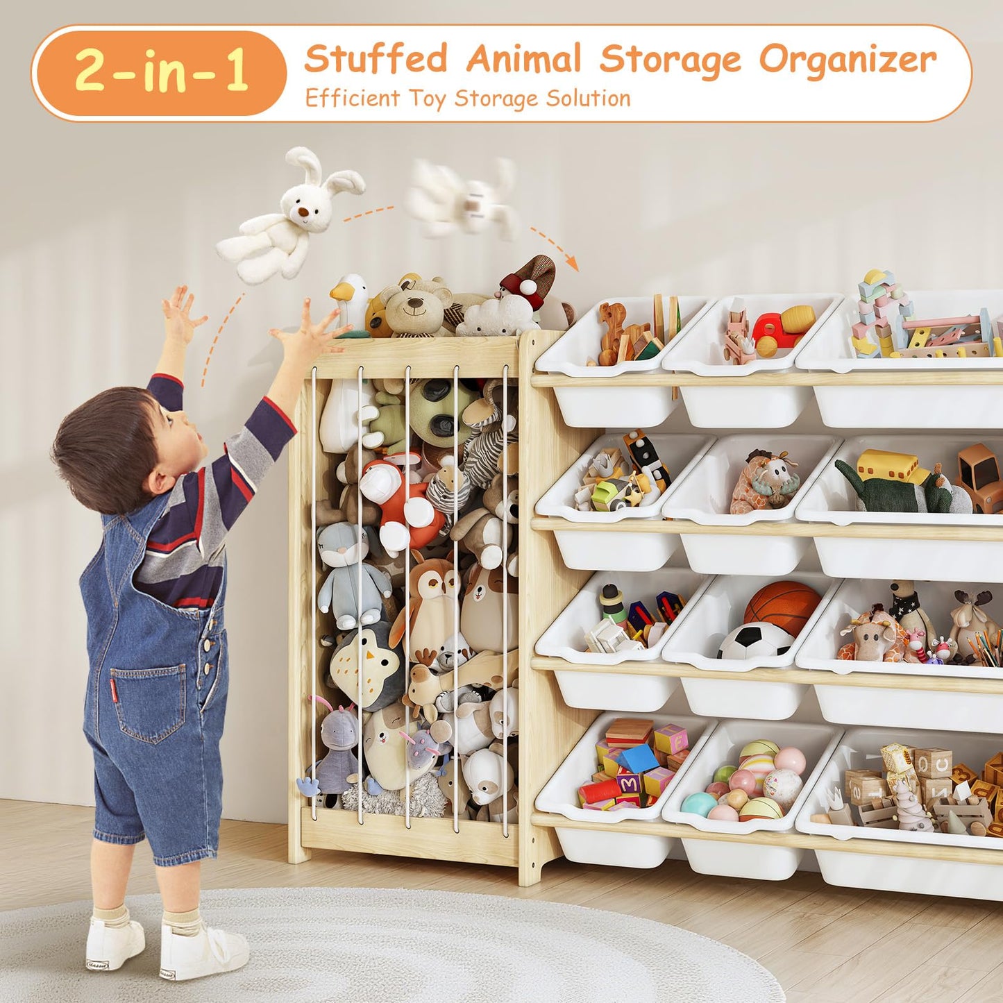 EXPERLAM Kids Toy Storage Organizer, 2-in-1 Stuffed Animal Storage & Toy Organizer w/12 Bins, Solid Wood Toy Rack Featuring Thicker Elastic Ropes to Hold Toys, Playroom Nursery Bedroom Storage, White