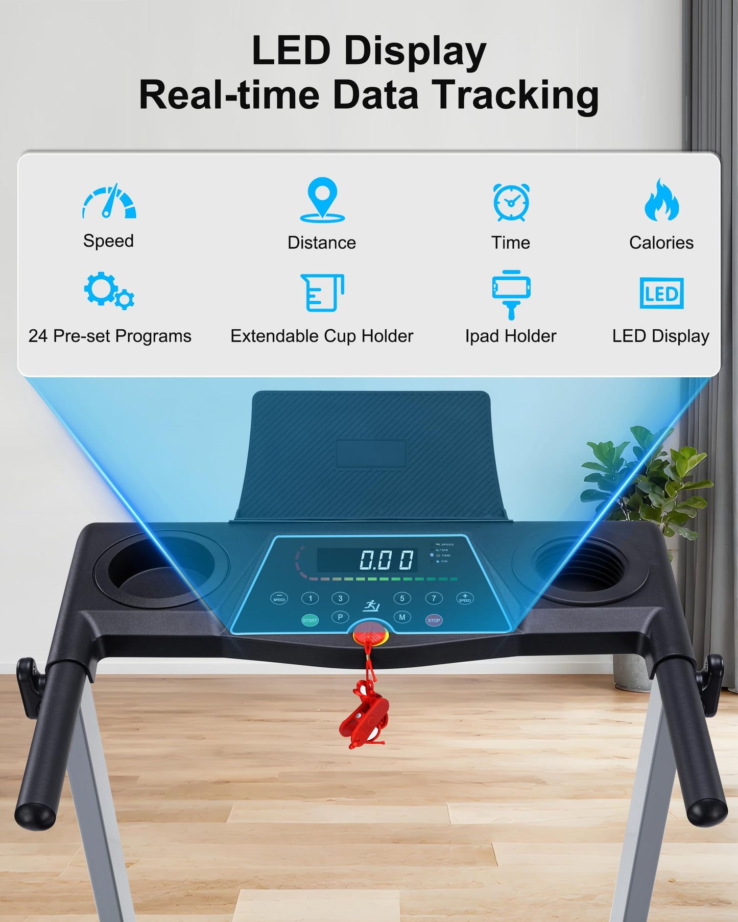 BORGUSI Incline Treadmill with Handles, Portable Small Folding Treadmill for Home Office, Walking Pad with 300 LBS Capacity, 24 Preset Programs, LED Display, Extendable Cup Holder