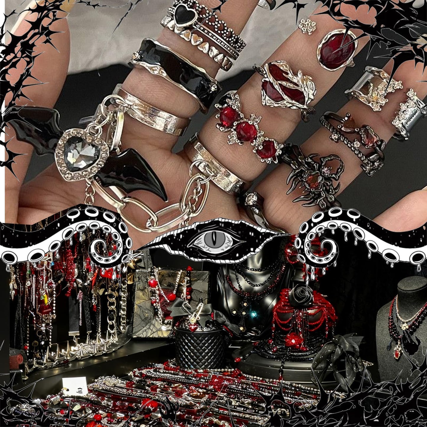 SMUOBT Gothic Mystery Box for Women - 40-45 Piece Goth Lolita Jewelry Set Earrings Necklace Bracelet, Punk Witchy Accessories Gift Collection, Surprise Blind Box