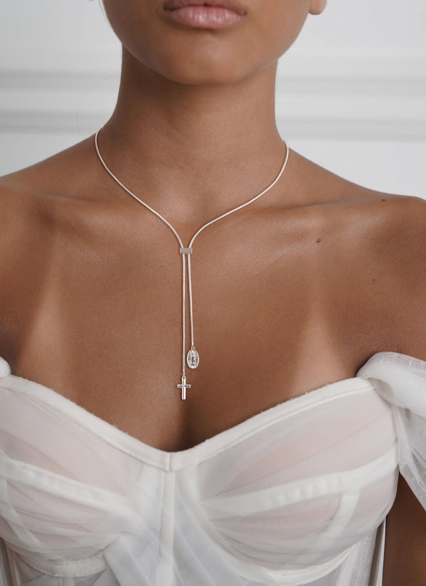 CHESKY Sliver Plated Long Necklace for Women Y Shaped Necklace Rosary Cross Drop Pendant Necklace Dainty Necklace Trendy Christian Jewelry
