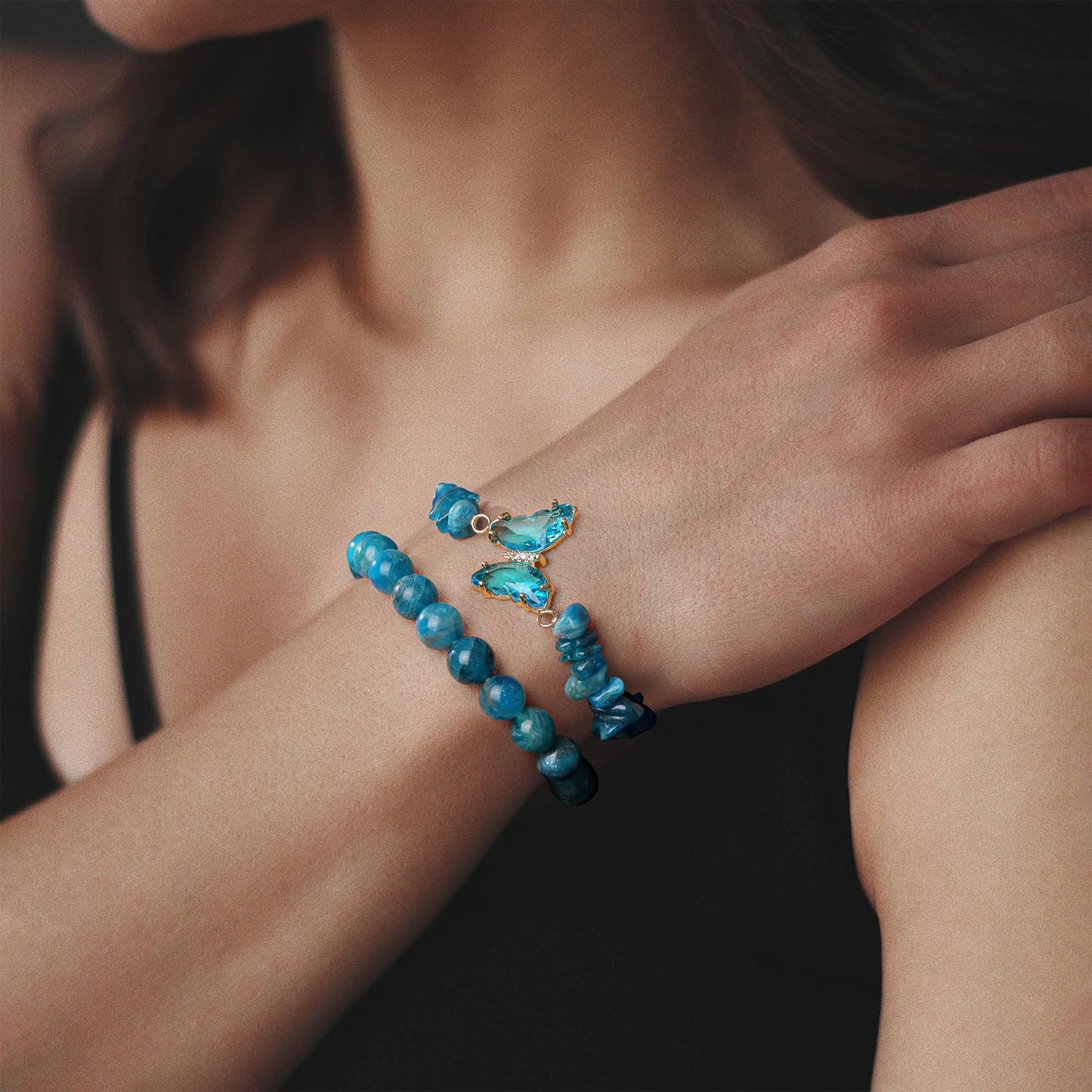 GolbalJew Apatite Stone Bracelet for Women Healing Crystal Stones Bracelets Blue Gemstone Beads Stretch Bracelet Butterfly Charms Jewelry Women Gift
