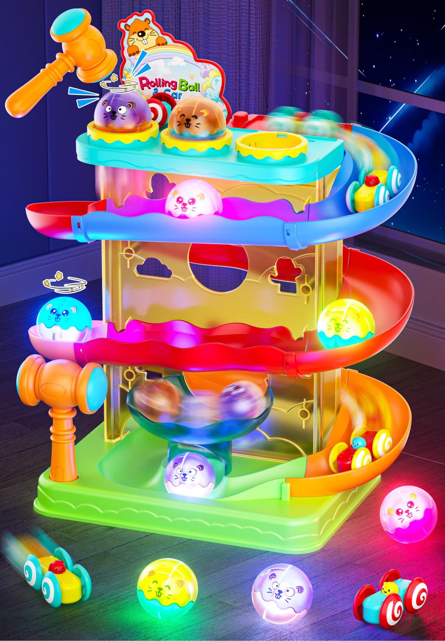 2-in-1 Rolling Ball & Car Ramp Race Track for Toddlers, Hammer Ball Drop Toy for Boys & Girls, Interactive Toys w/Sensor Lights - Montessori STEM Learning Toys - Brithday Gift for Kids 1-5+ Year Old