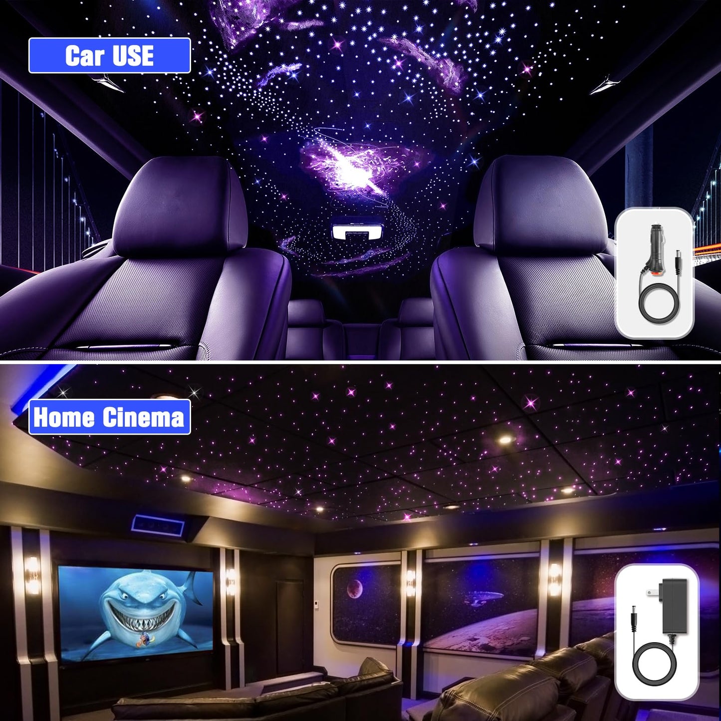 SUNKENET 32W Twinkle Starlight Headliner Kit, 800pcs of (0.03+0.04+0.06in)*13.1ft LED Fiber Optic Lights Kit, Star Ceiling Light+10 Crystals+Adapter+Cigarette Lighter for Car Roof/Home with Music Mode