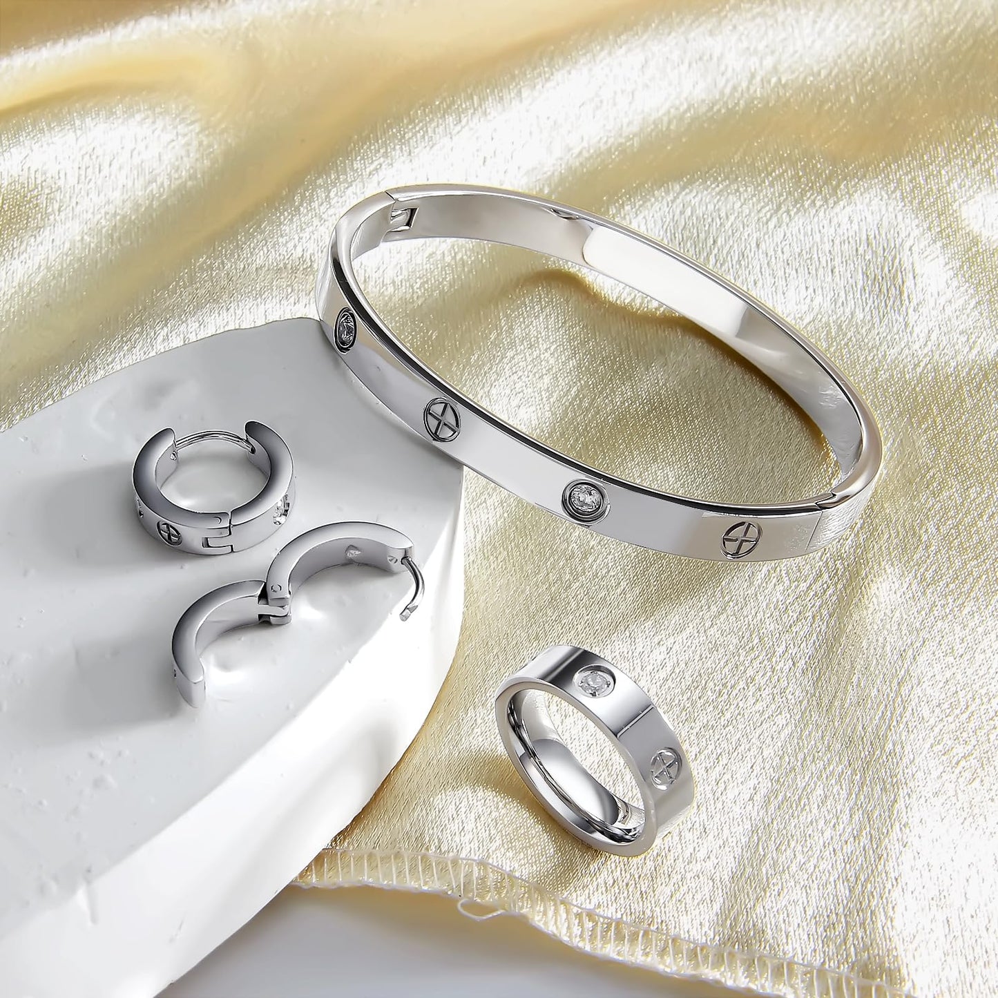 3 Pcs Hoop Earrings Bracelets Ring Sets for Women-Silver Love Bracelet CZ Cuff Bangle Hoop Earrings Friendship Love Ring Jewelry Set,Wedding Party Christmas Valentine's Day Birthday Gifts for Her