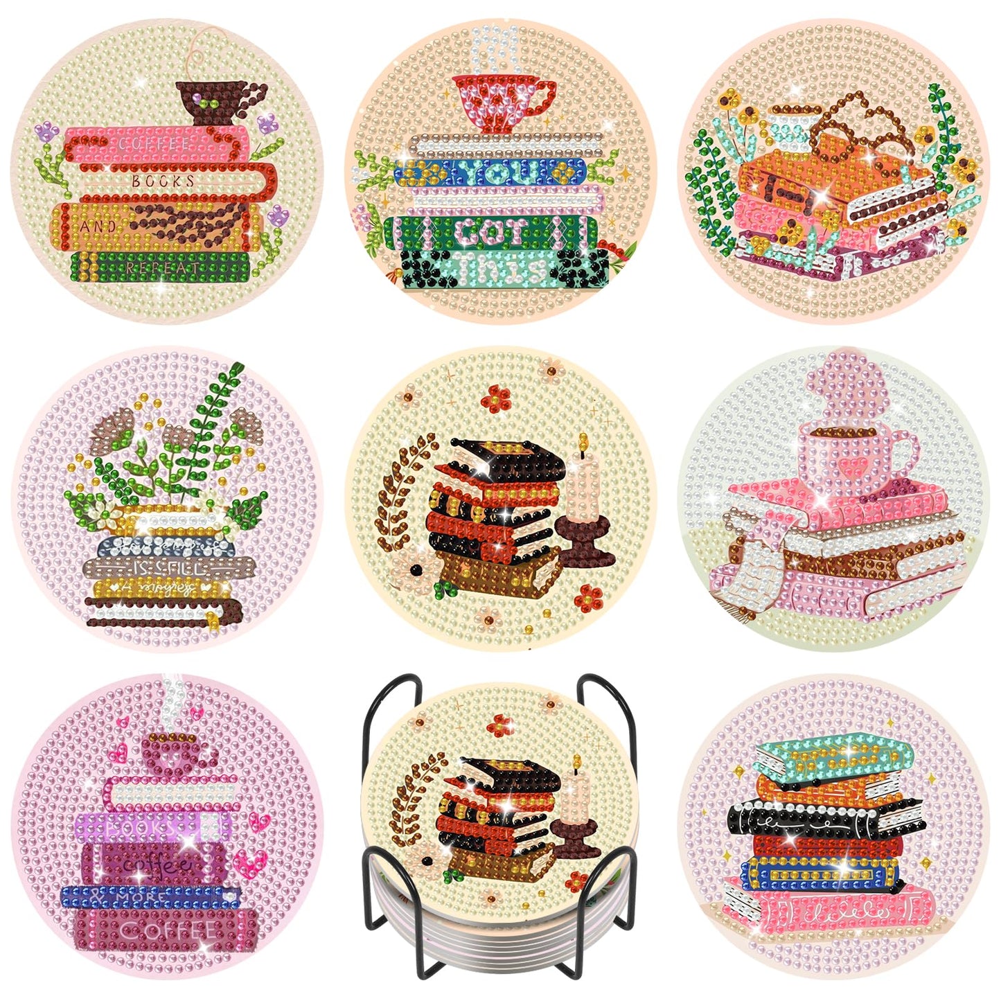 Book Diamond Art Coasters Kit with Holder, Book Lovers Diamond Painting Coasters Set of 8 for Adults, DIY Non Slip Drink Coaster with Cork Pads, Relaxing Craft Kits for Home Decor Gifts 4x4 Inch