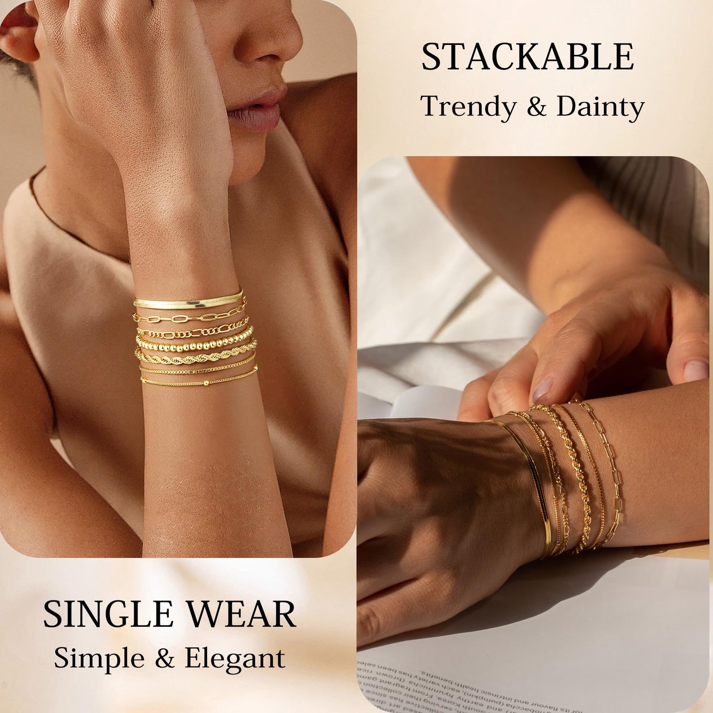 M MOOHAM Gold Bracelets for Women - Dainty 14K Gold Plated Beaded Bracelet Stack Paperclip Snake Rope Figaro Box Satellite Chain Bracelets for Women Non Tarnish, Jewelry Gifts for Women Her