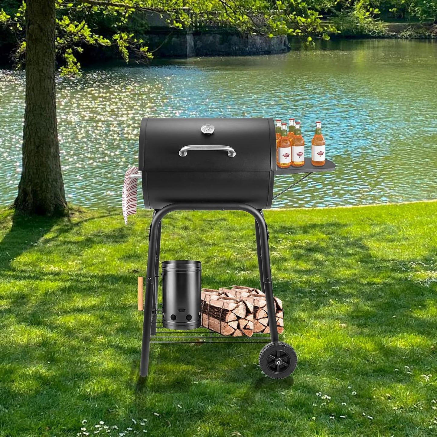 Kendane Barrel Charcoal Grill, Large Charcoal Grills with Side Shelf, Outdoor BBQ Grill,Perfect for Backyard Camping, Patio Parties, and Picnics