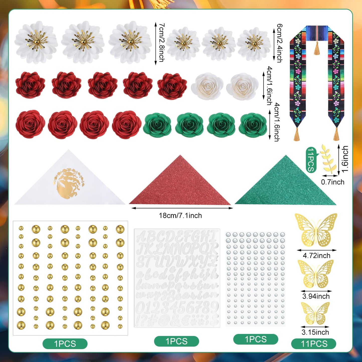 Humyoun 44 Pcs DIY Graduation Cap Decorations Kit, Mexican Graduation Stole Sash Flower Heads 3D Butterfly Stickers Glitter Rhinestones Pearl Stickers Alphabet Letter Number for Grad Cap Topper Gift