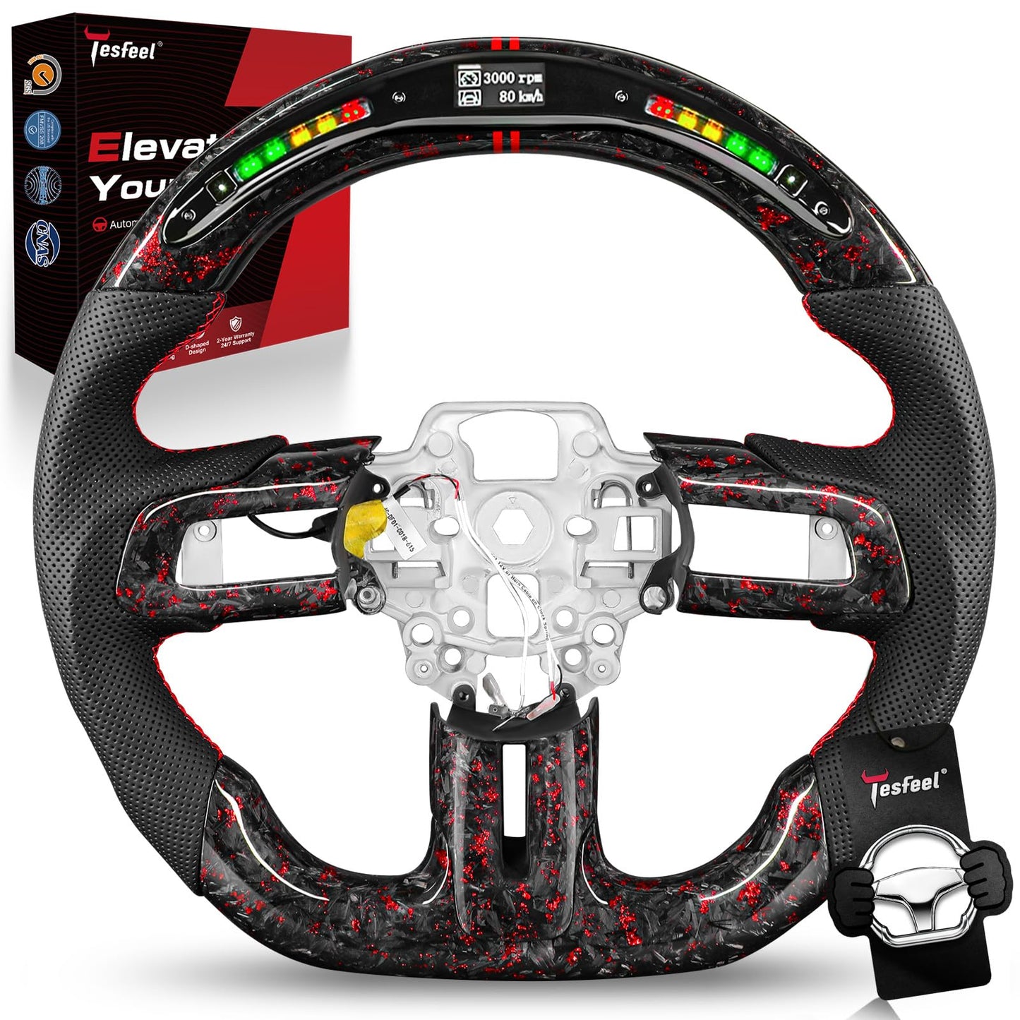 TESFEEL LED Forged Carbon Fiber Steering Wheel for Ford Mustang 2018-2023, Red Flakes, D-Shape Flat Bottom, Nappa Leather with Red Stripe & Stitching, Fits for EcoBoost, GT, GT350 & GT350R