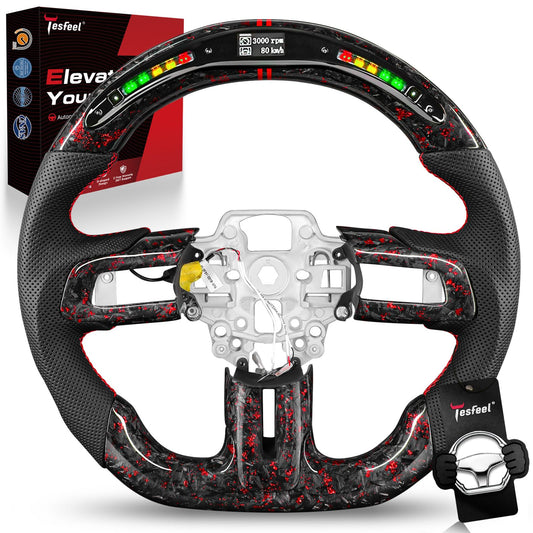 TESFEEL LED Forged Carbon Fiber Steering Wheel for Ford Mustang 2018-2023, Red Flakes, D-Shape Flat Bottom, Nappa Leather with Red Stripe & Stitching, Fits for EcoBoost, GT, GT350 & GT350R