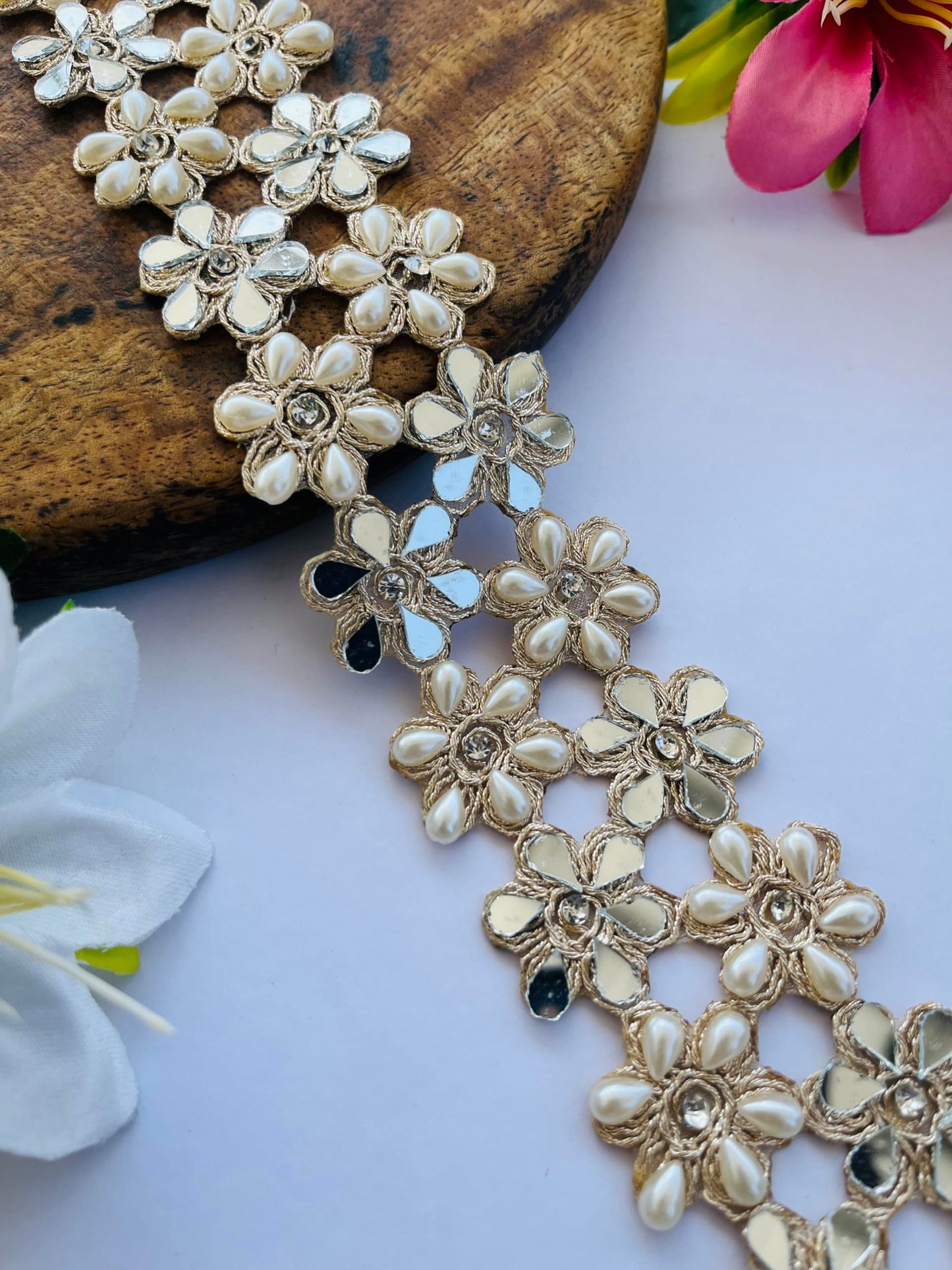 PIYUCRAFTS 1.5 Inch Mirror Pearls Flower Design Trim – Available in 1, 3, 6 Yards – Decorative Lace Border for Sarees, Dresses, DIY Crafts, Wedding Decor, Home Embellishment (1)