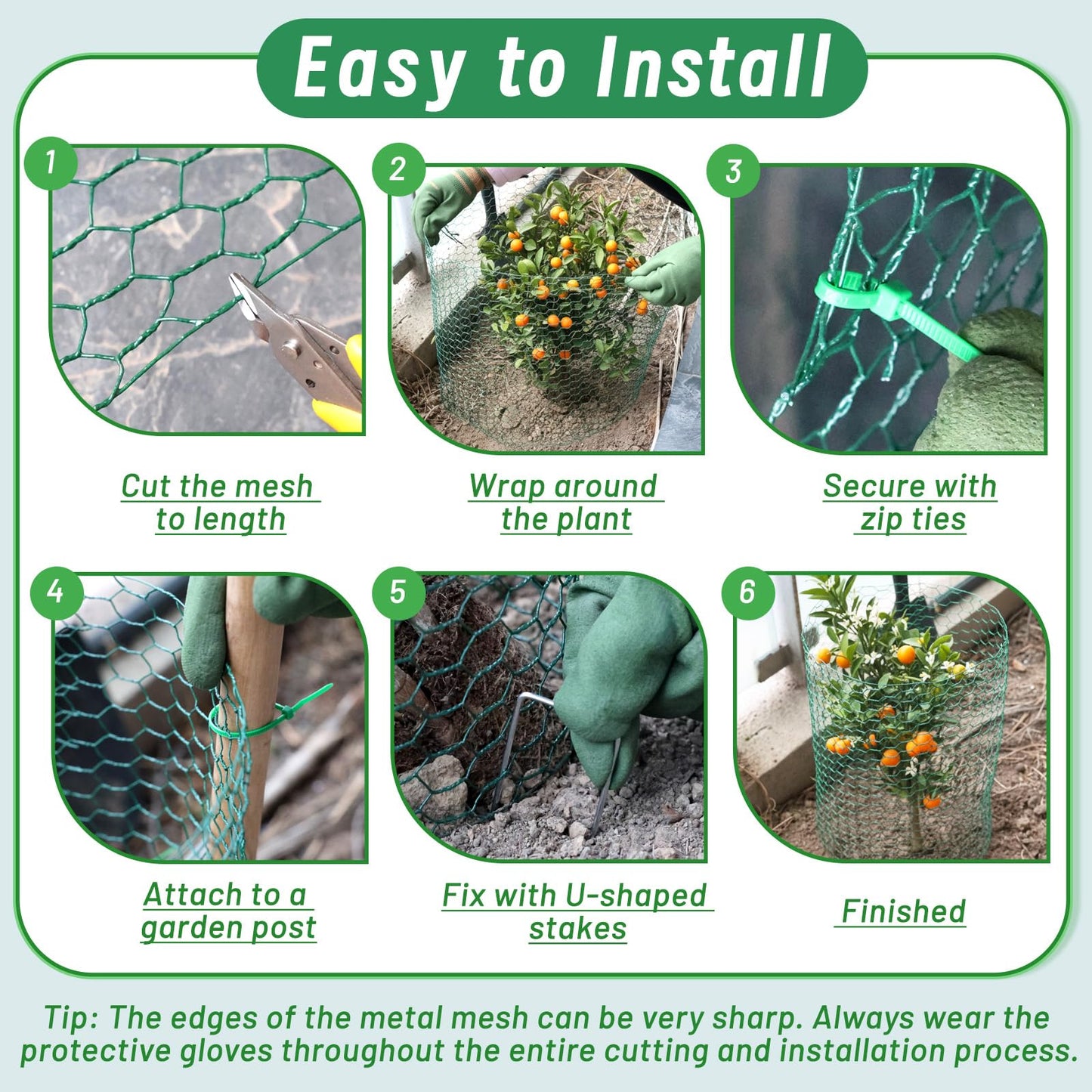 Convivium Plant Protectors from Animals, 0.8mm Free-Cut Green Chicken Wire Mesh, PVC Coated Tree Trunk Guard & Garden Fence for Outdoor Plants with Zip Ties, Stakes, Pliers, Gloves（33Ft*16In）