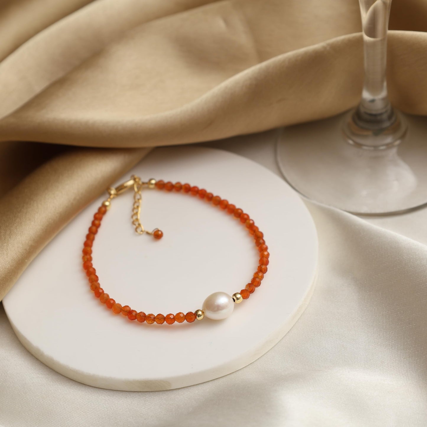 Gempires Orange Carnelian Beaded Bracelet with Pearl Choker Crystal Jewelry Lightweight July Birthstone Gifts Hypoallergenic 7.5 Inch Gold Plated Bracelets For Women