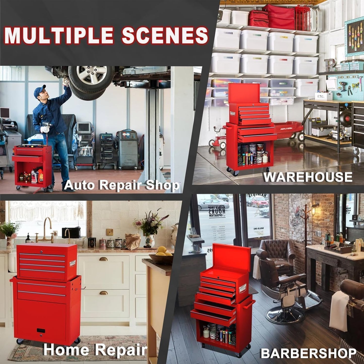 Clickoods 8-Drawer Rolling Tool Chest with Detachable Top Tool Box, Lockable Metal Tool Cabinet, and Liner, Heavy-Duty Storage Organizer with Wheels and 6 Hooks for Garage, Workshop, Red
