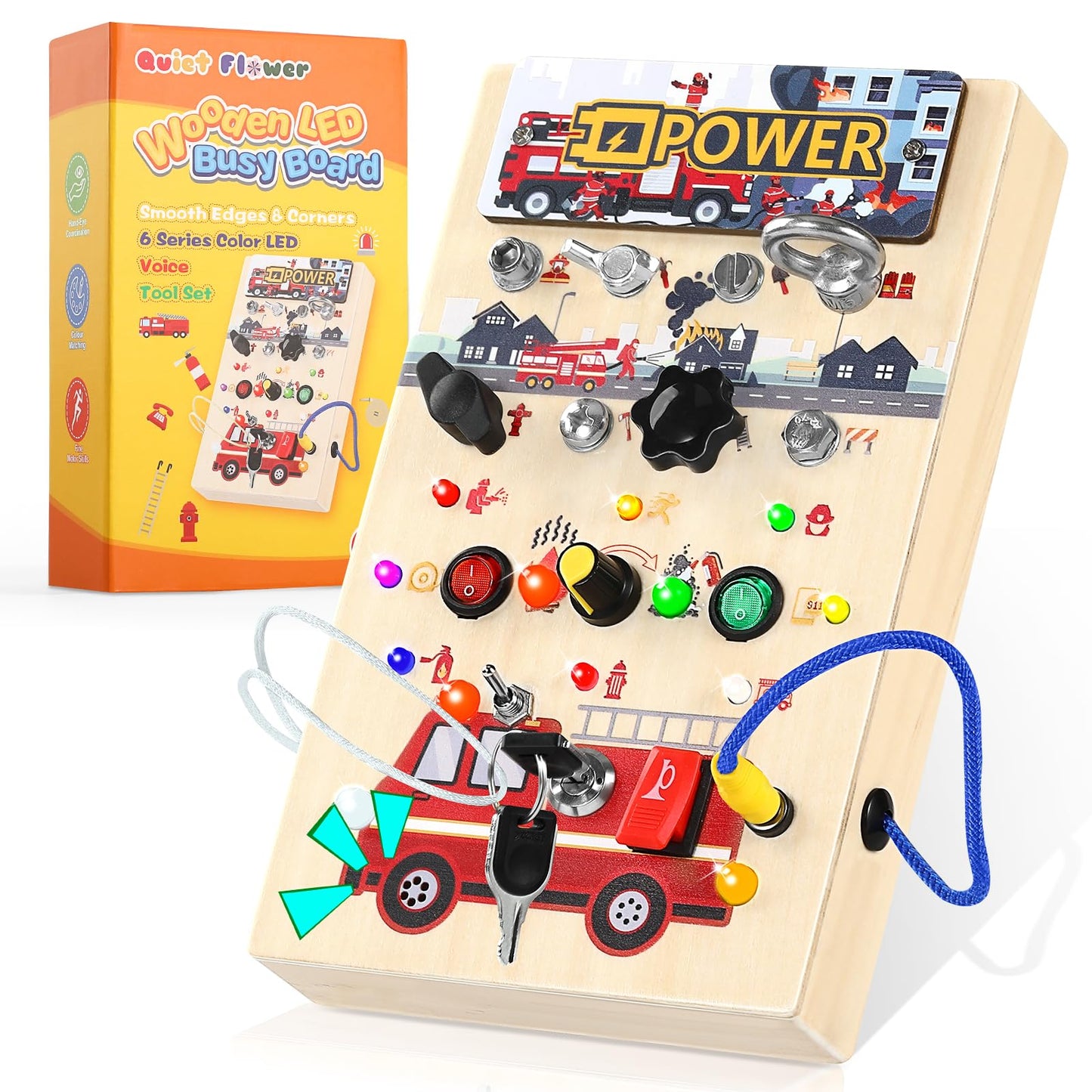 Busy Board for Toddlers 1-3 Montessori Toys - 2 in 1 Wooden Sensory Toys with LED Light Switches & Screwdriver Board - Fire Truck Toddler Learning Toy for 2 3 4 Year Old Boy Girl Car Plane Travel