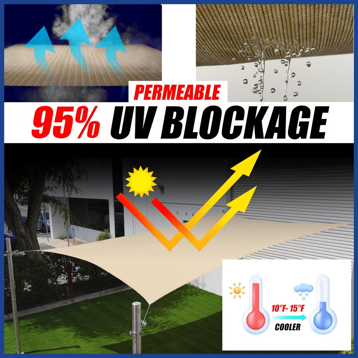 ShadeMart 16' x 20' Beige Sun Shade Sail Rectangle Canopy Fabric Cloth Screen, Water and Air Permeable & UV Resistant, Heavy Duty, Carport Patio Outdoor & (We Customize Size)
