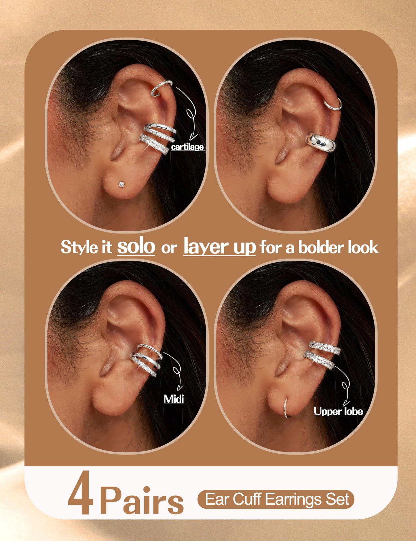 4 Pairs Ear Cuffs Non Piercing - Silver Plated Ear Cuffs Earrings for Women Trendy Ear Cuff for Non Pierced Ears Clip On Carrtilage Earring Lightweight Adjustable Fake Earrings Set Chunky